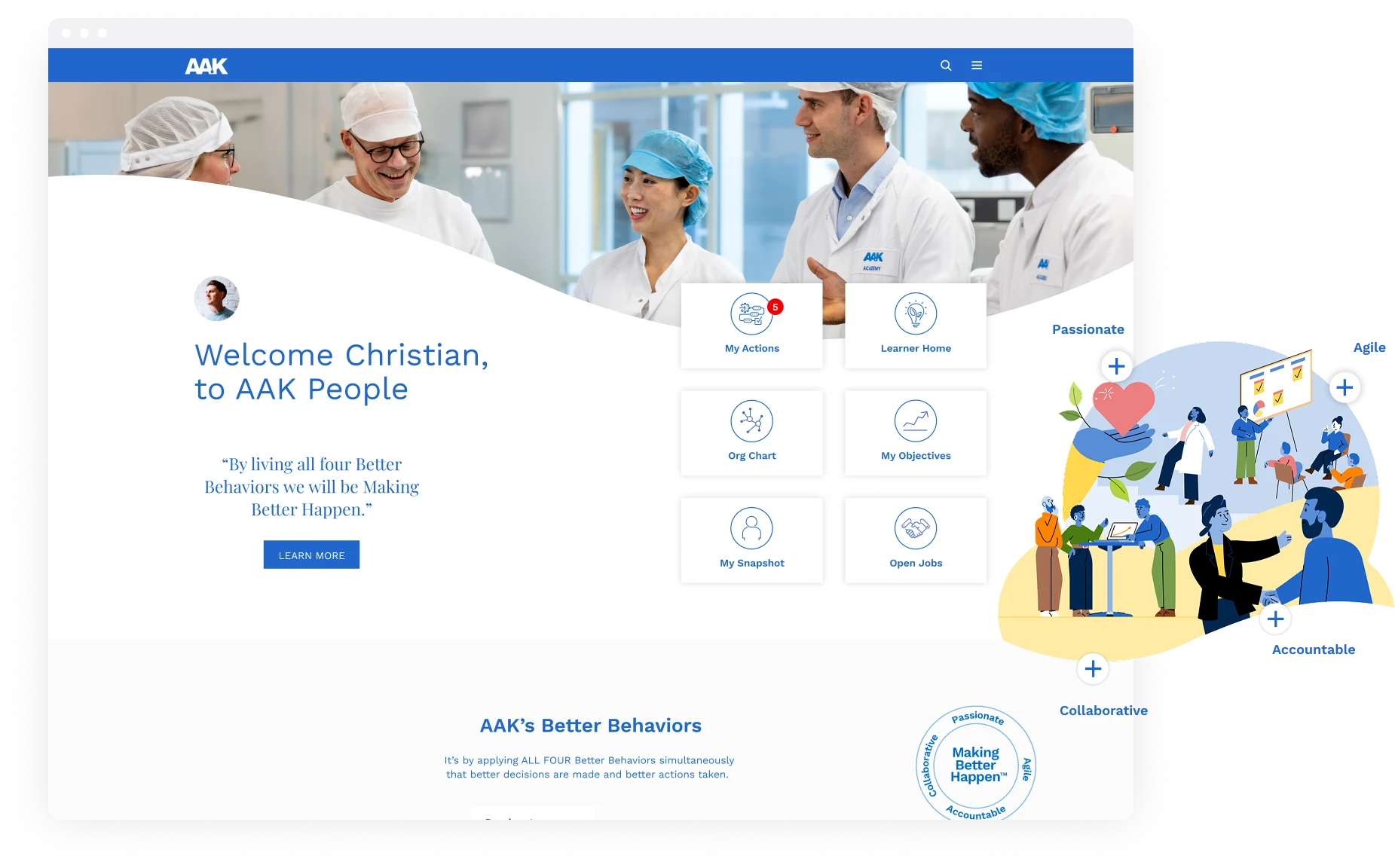 Customized Cornerstone welcome page with role-based actions and branded layout