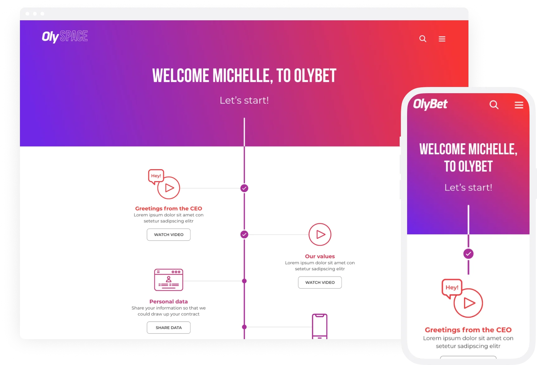 Olybet onboarding page showing structured learning journey for new employees